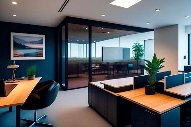Interior photo of an office space with wooden toped desks and a glass meeting room.