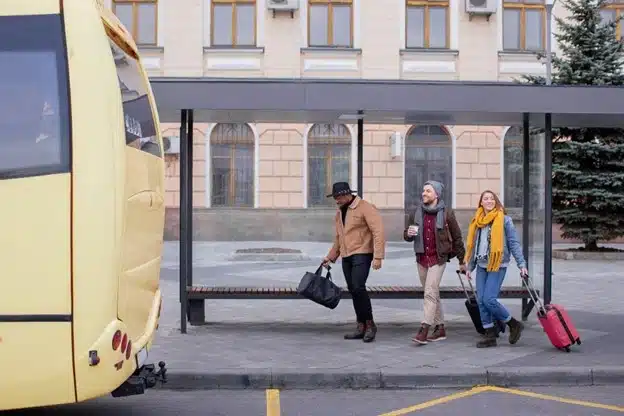 People boarding a bus.