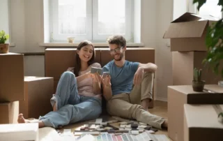 Home made together. Joyful excited young husband wife own flat apartment buyers sit on floor at relocation day plan improvement renovation review tile swatches color guides share interior design ideas